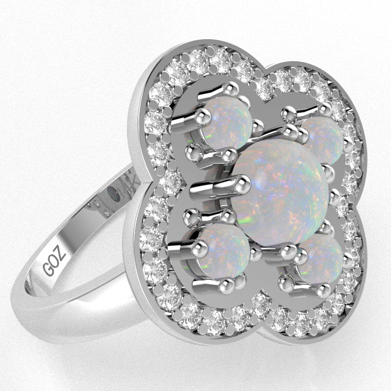 Shamrock Clover Flower Leaf Opal Diamond Ring In 14k White Gold