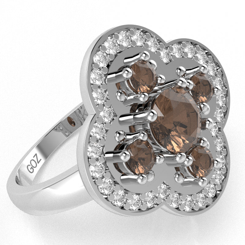 Shamrock Clover Flower Leaf Smoky Quartz Diamond Ring In 14k White Gold