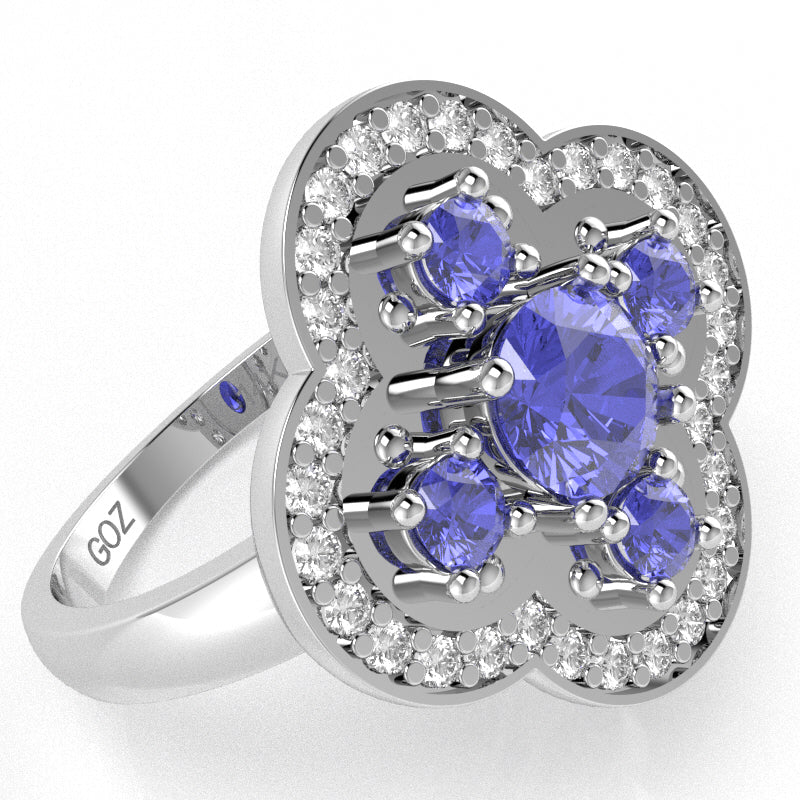 Shamrock Clover Flower Leaf Tanzanite Diamond Ring In 14k White Gold