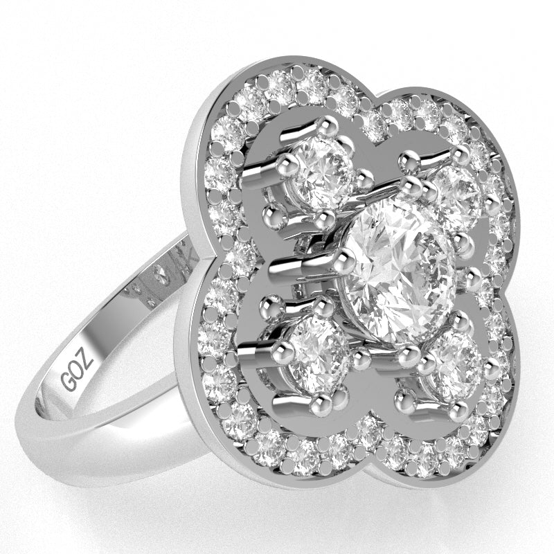 Shamrock Clover Flower Leaf White Topaz Diamond Ring In 14k White Gold
