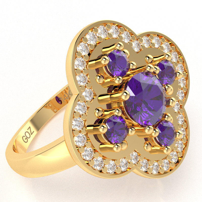 Shamrock Clover Flower Leaf Amethyst Diamond Ring In 14k Yellow Gold