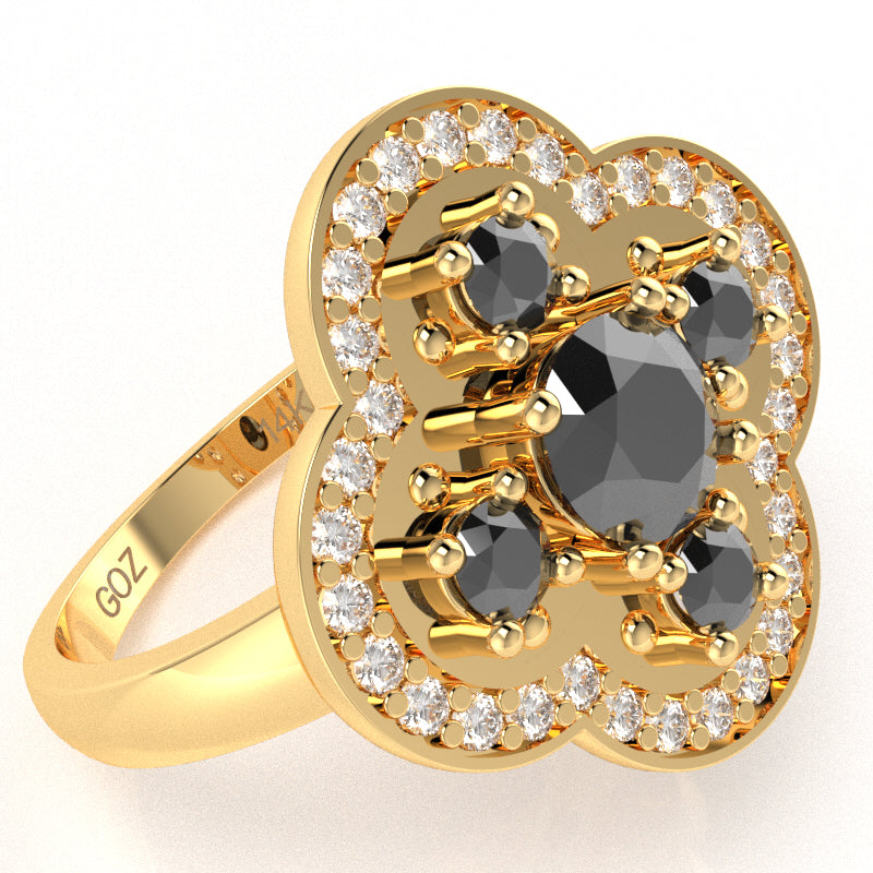 Shamrock Clover Flower Leaf Black Onyx Diamond Ring In 14k Yellow Gold