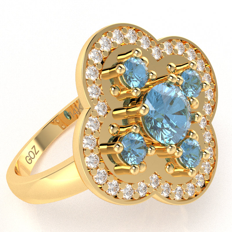 Shamrock Clover Flower Leaf Blue Topaz Diamond Ring In 14k Yellow Gold