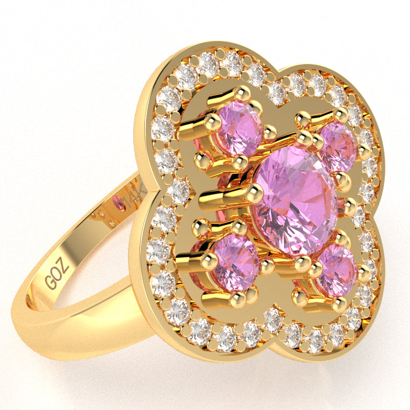 Shamrock Clover Flower Leaf Lab-Created Pink Sapphire Diamond Ring In 14k Yellow Gold