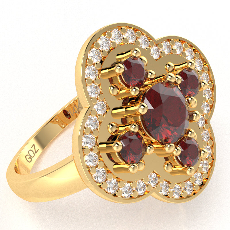 Shamrock Clover Flower Leaf Lab-Created Ruby Diamond Ring In 14k Yellow Gold