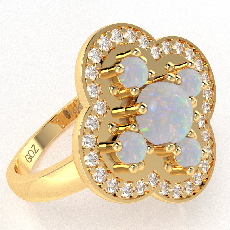 Shamrock Clover Flower Leaf Opal Diamond Ring In 14k Yellow Gold