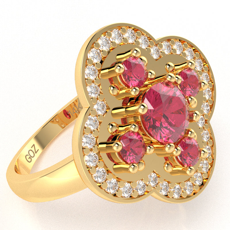 Shamrock Clover Flower Leaf Pink Tourmaline Diamond Ring In 14k Yellow Gold