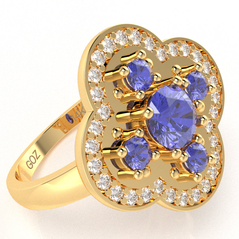 Shamrock Clover Flower Leaf Tanzanite Diamond Ring In 14k Yellow Gold