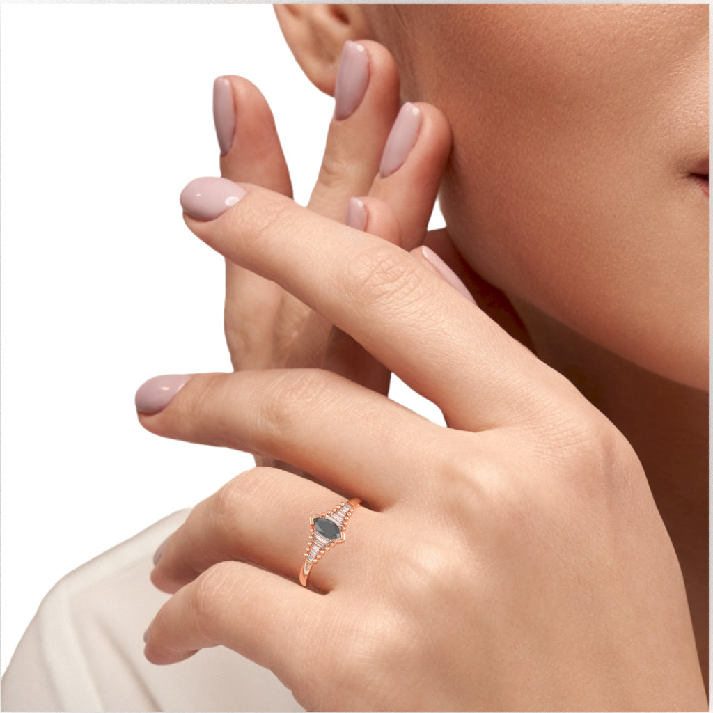 Black Onyx Lab-Grown Diamond Dainty Engagement Ring In 14k Rose Gold