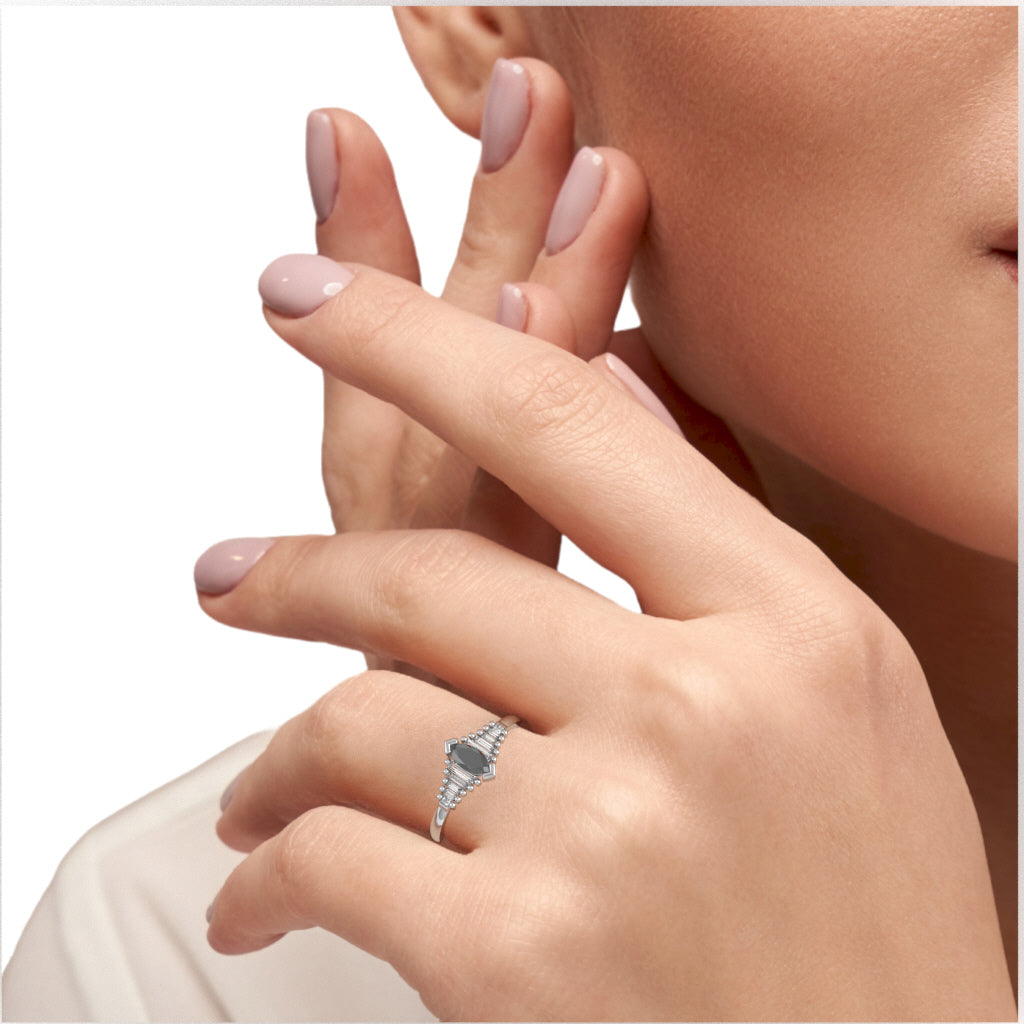 Black Onyx Lab-Grown Diamond Dainty Engagement Ring In 10k White Gold