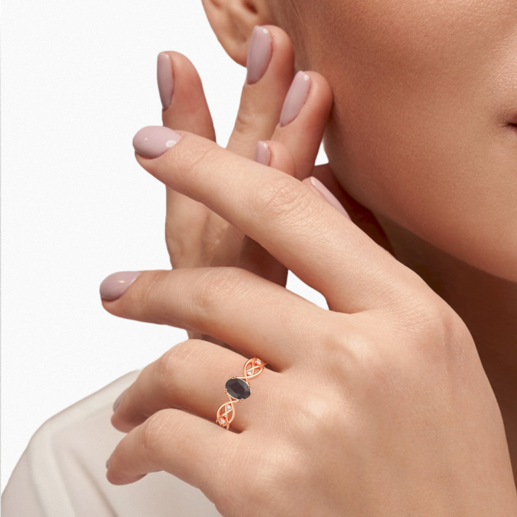 Garnet Diamond Celtic Knot Curles Ring In 10k Rose Gold