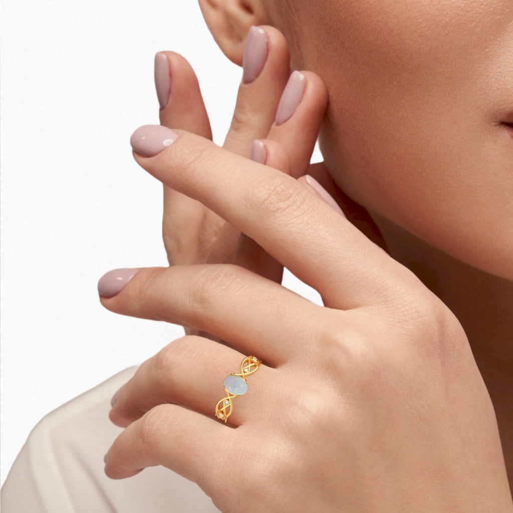 Opal Diamond Celtic Knot Curles Ring In 14k Yellow Gold