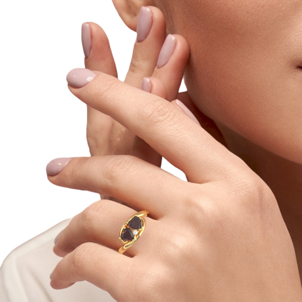 2 Hearts In Love Garnet Diamond Promise Ring In 14k Yellow Gold