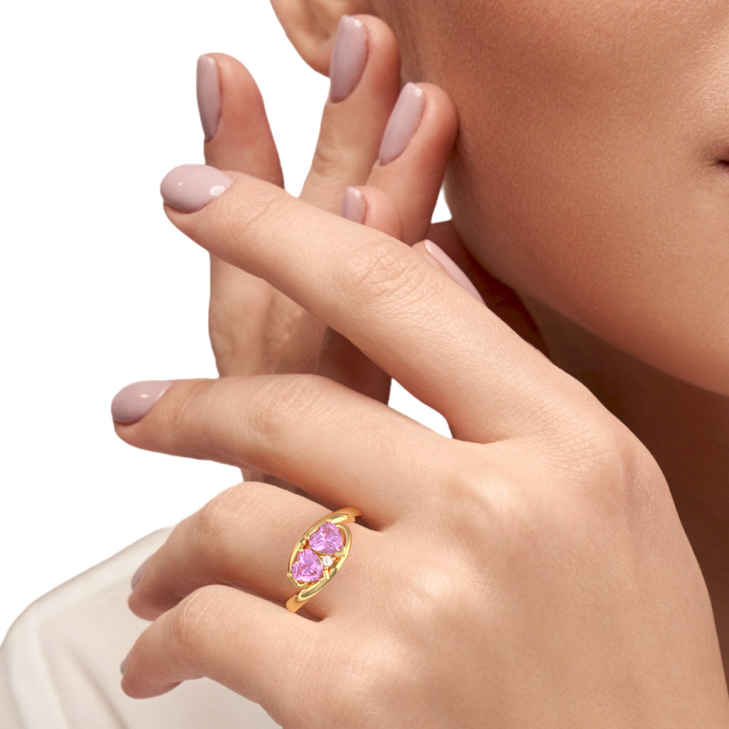 2 Hearts In Love Lab-Created Pink Sapphire Diamond Promise Ring In 14k Yellow Gold