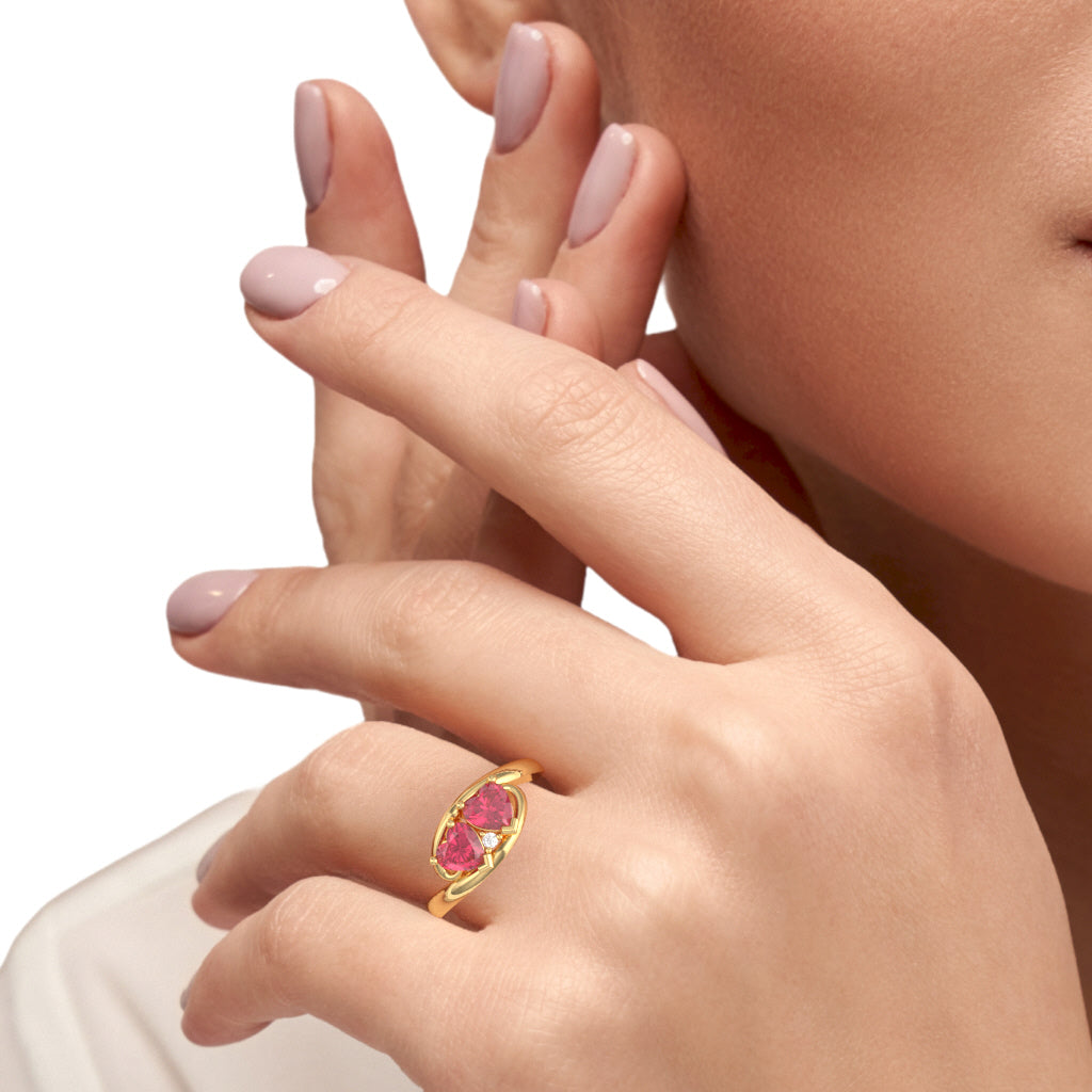 2 Hearts In Love Pink Tourmaline Diamond Promise Ring In 14k Yellow Gold