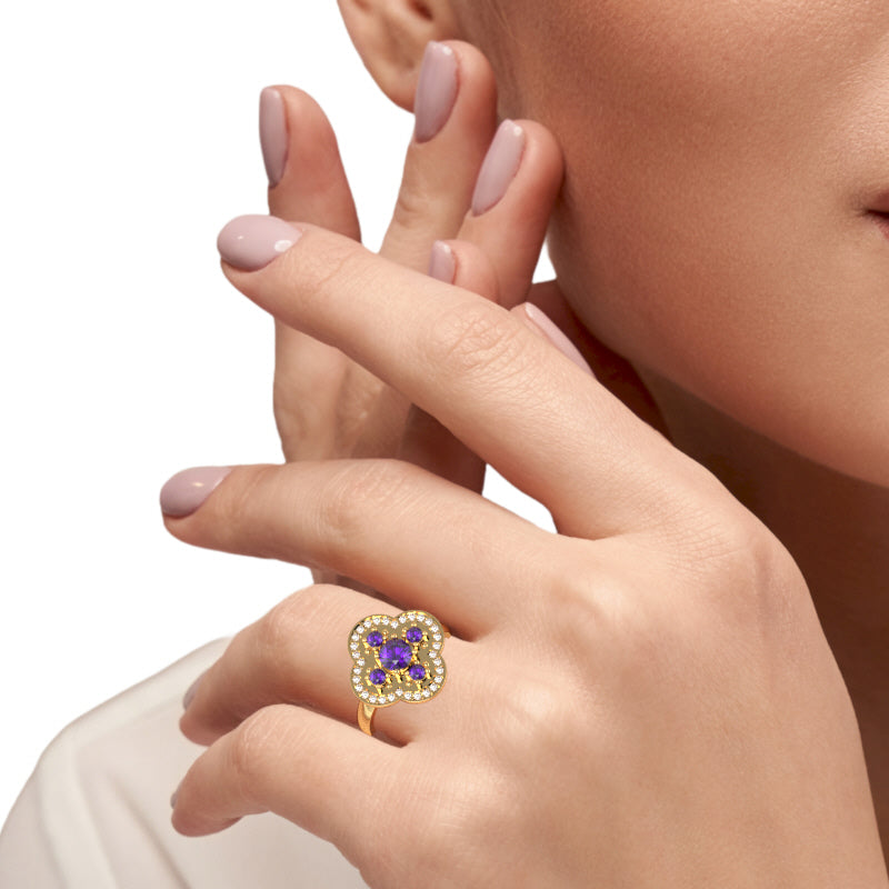 Shamrock Clover Flower Leaf Amethyst Diamond Ring In 14k Yellow Gold