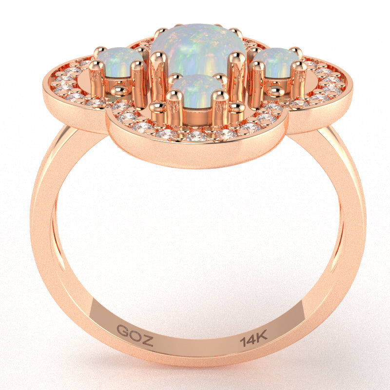Shamrock Clover Flower Leaf Opal Diamond Ring In 14k Rose Gold