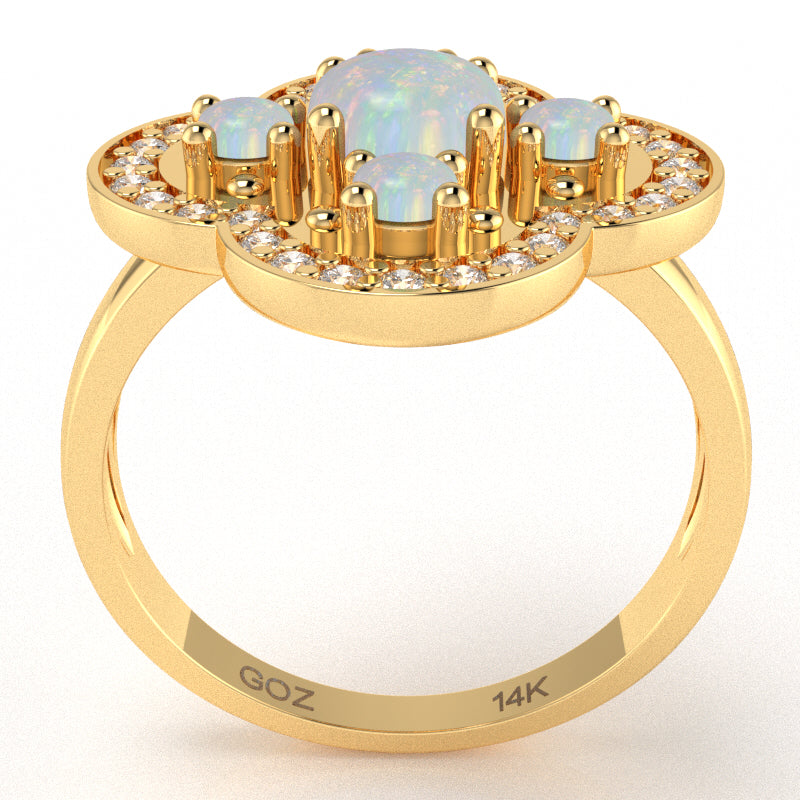 Shamrock Clover Flower Leaf Opal Diamond Ring In 14k Yellow Gold