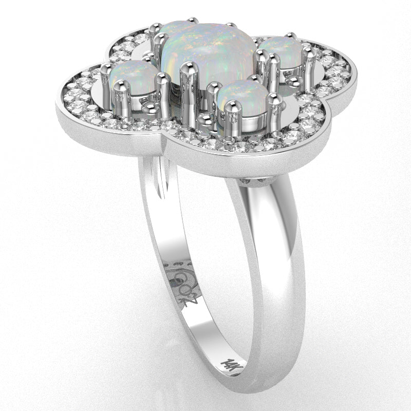 Shamrock Clover Flower Leaf Opal Diamond Ring In 14k White Gold
