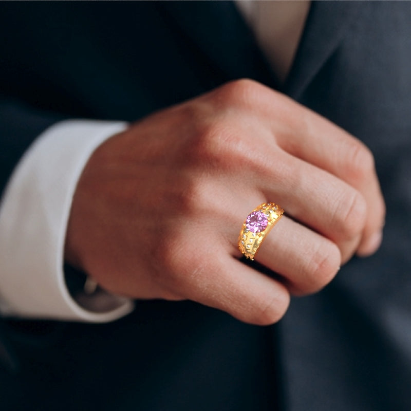 Men's Tire Tread Lab-Created Pink Sapphire Diamond Ring In Solid 14k Yellow Gold
