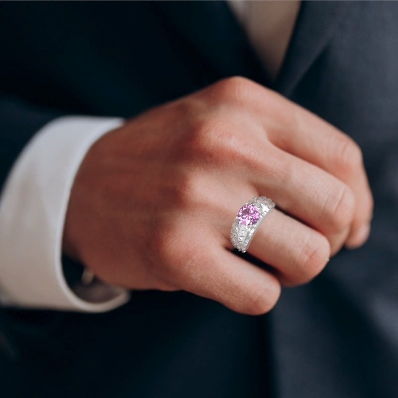 Men's Tire Tread Lab-Created Pink Sapphire Diamond Ring In Solid 14k White Gold
