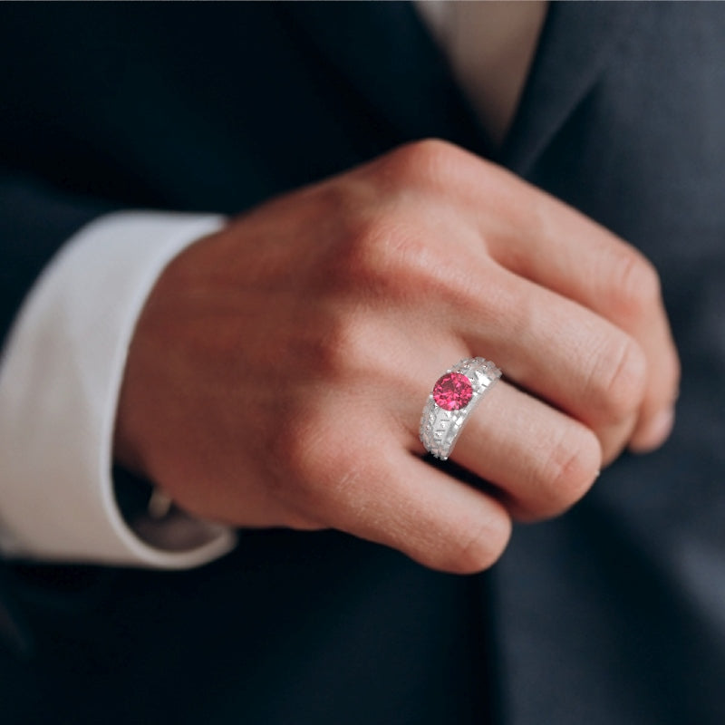 Men's Tire Tread Pink Tourmaline Diamond Ring In Solid 14k White Gold