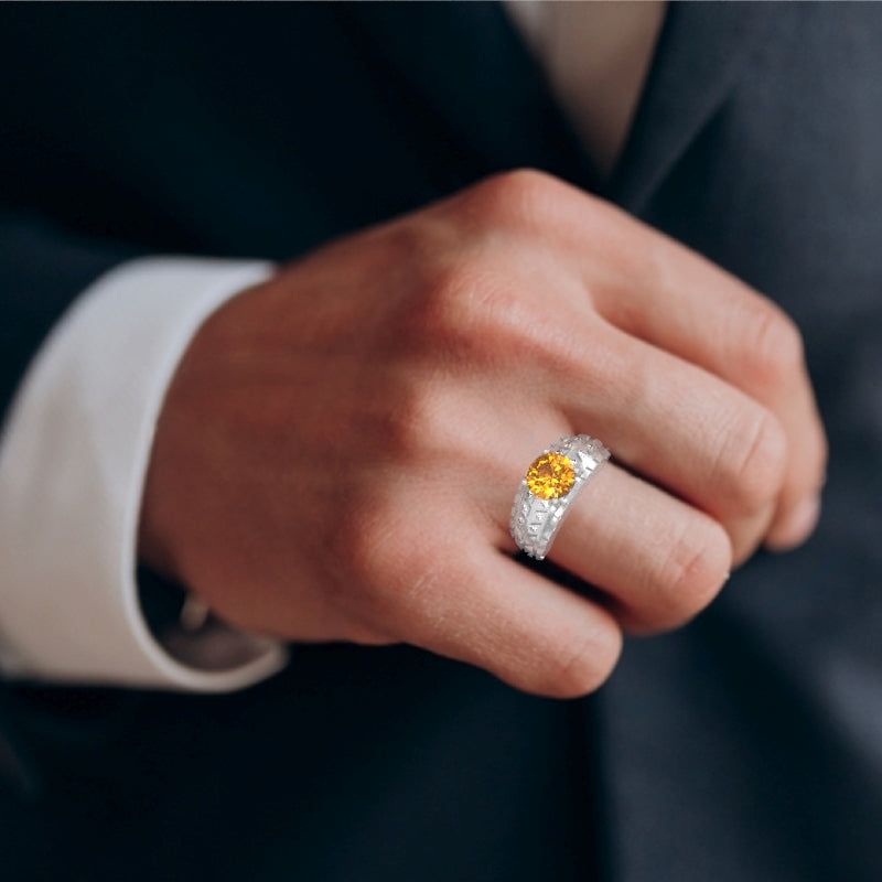 Men's Tire Tread Citrine Diamond Ring In Solid 14k White Gold