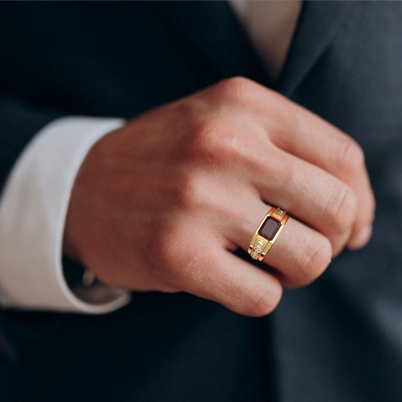 Men's Garnet Diamond Channel Ring In Solid 10k Yellow Gold