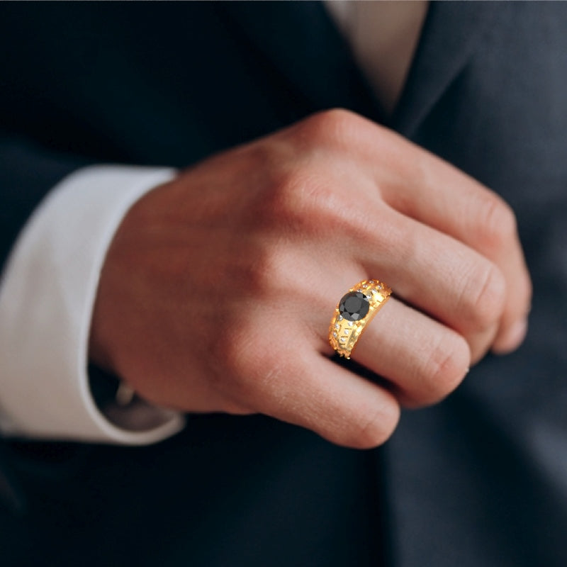 Men's Tire Tread Black Onyx Diamond Ring In Solid 14k Yellow Gold
