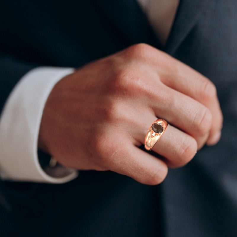 Men's Designer Smoky Quartz Diamond Ring In Solid 14k Rose Gold