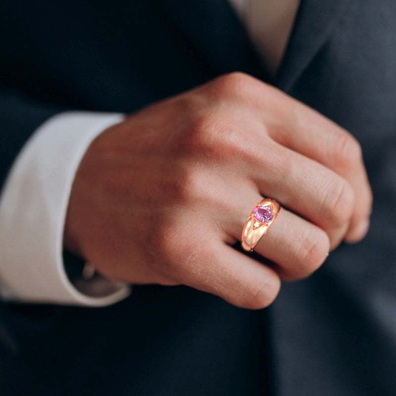 Men's Designer Lab-Created Pink Sapphire Diamond Ring In Solid 14k Rose Gold