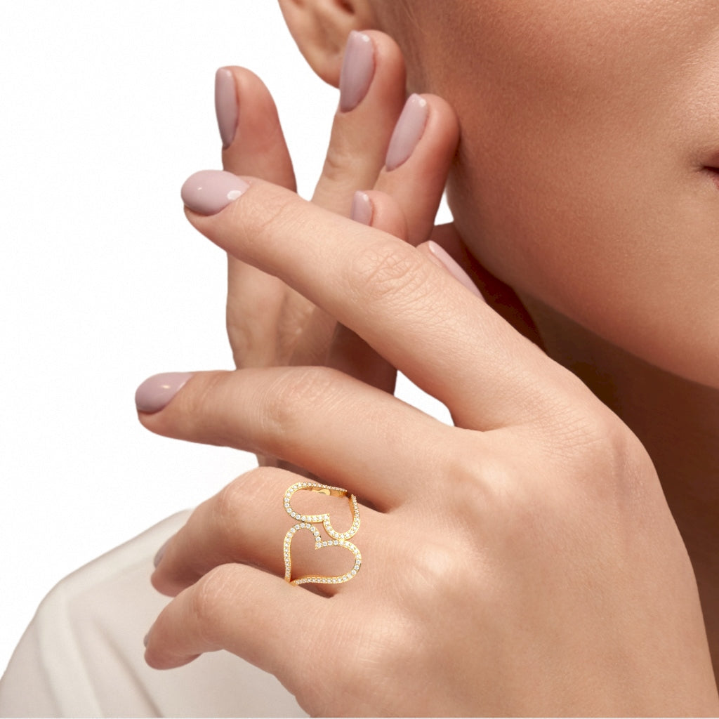 2 Hearts Designer Diamond Cocktail Ring In 14k Yellow Gold