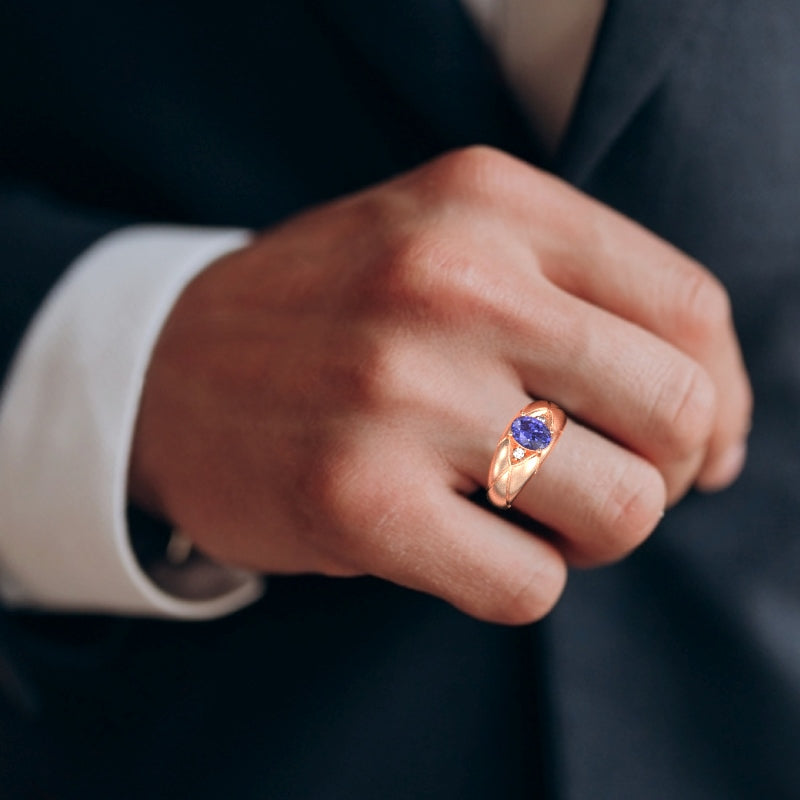 Men's Designer Tanzanite Diamond Ring In Solid 14k Rose Gold