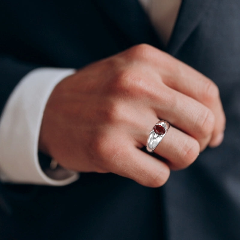 Men's Designer Lab-Created Ruby Diamond Ring In Solid 14k White Gold