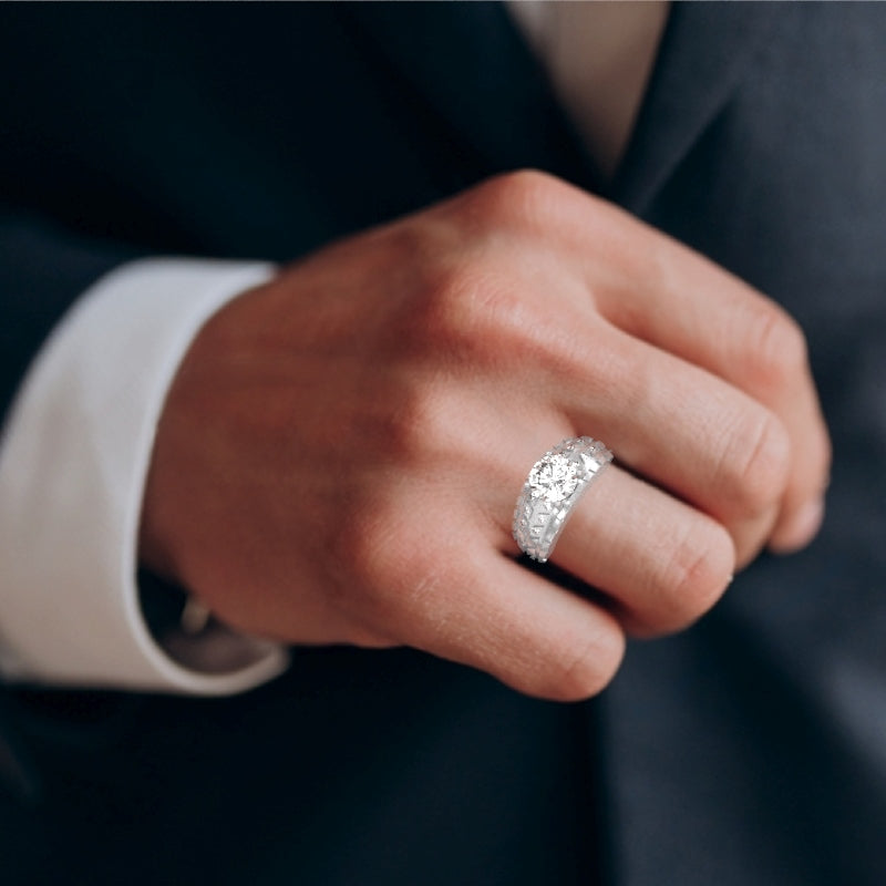 Men's Tire Tread White Topaz Diamond   Ring In Solid 14k White Gold