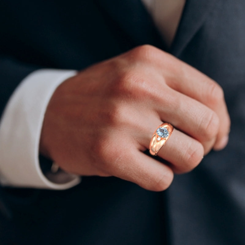 Men's Designer Aquamarine Diamond Ring In Solid 14k Rose Gold