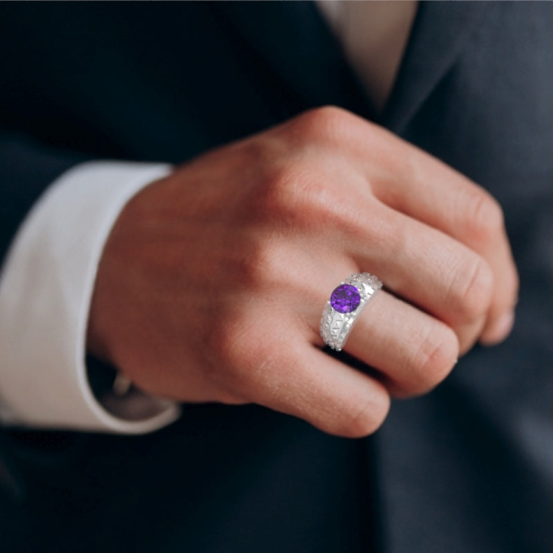 Men's Tire Tread Amethyst Diamond Ring In Solid 14k White Gold