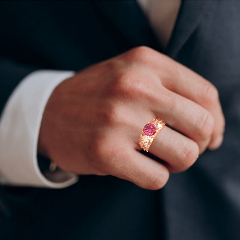 Men's Tire Tread Pink Tourmaline Diamond Ring In Solid 14k Rose Gold