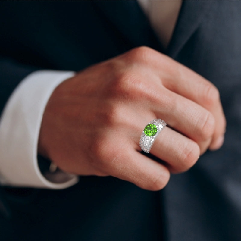 Men's Tire Tread Peridot Diamond Ring In Solid 14k White Gold
