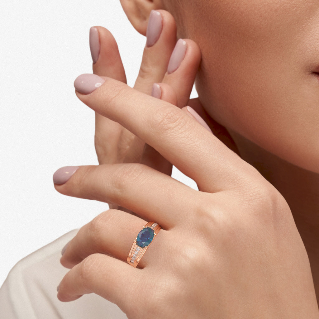 Lab-Created Alexandrite Diamond Designer Channel Ring In 14k Rose Gold