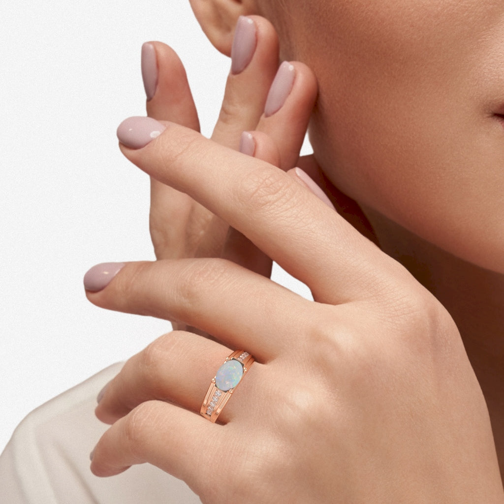 Opal Diamond Designer Channel Ring In 14k Rose Gold