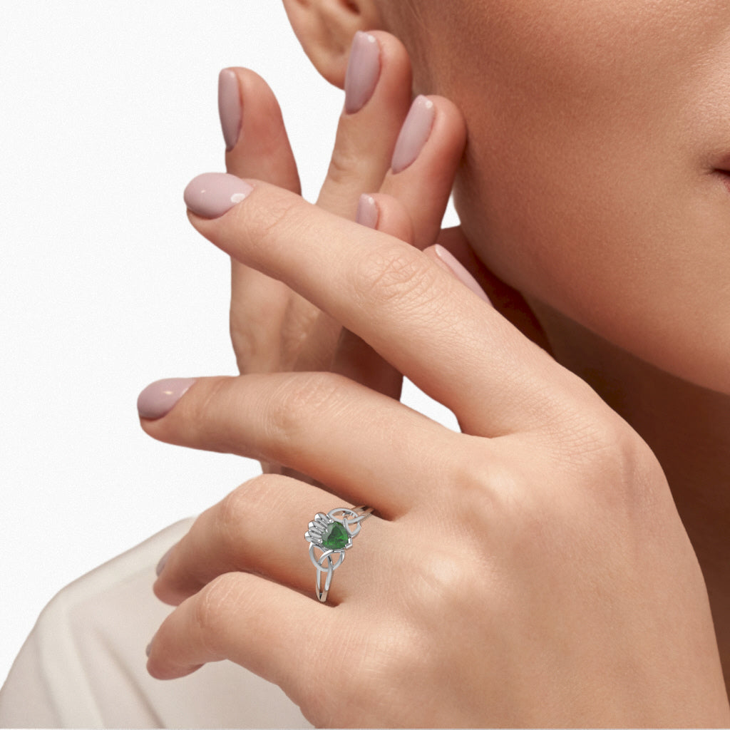 Celtic Trinity Knot Claddagh Lab-Created Emerald Engagement Ring In 14k White Gold