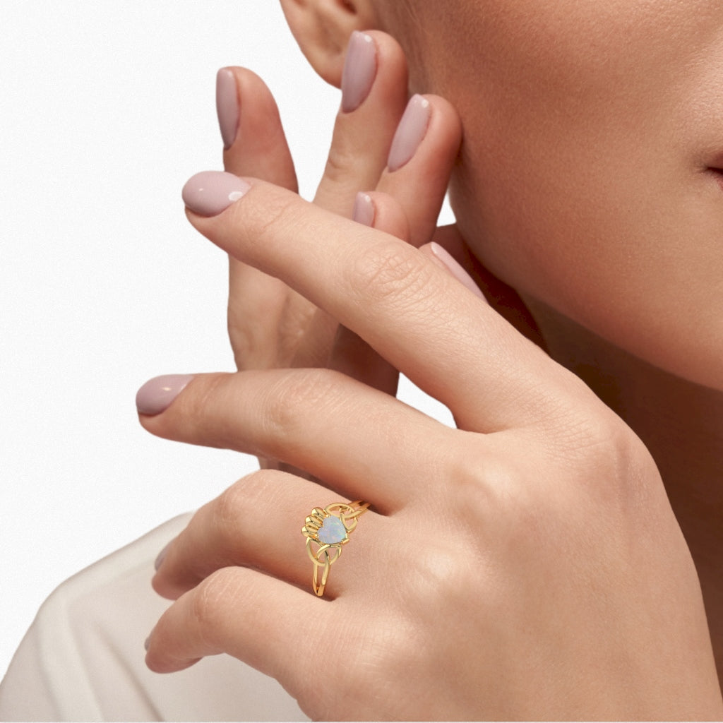 Celtic Trinity Knot Claddagh Opal Engagement Ring In 14k Yellow Gold