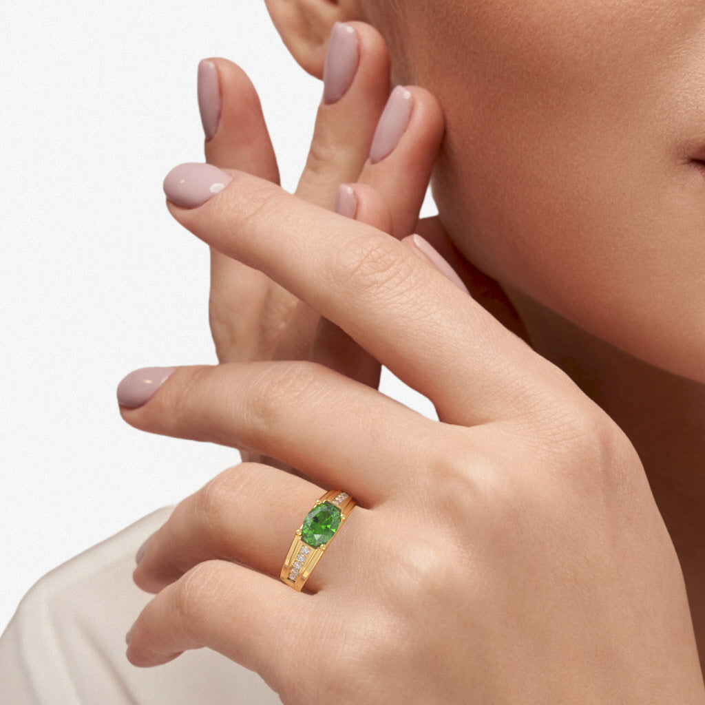 Peridot Diamond Designer Channel Ring In 14k Yellow Gold