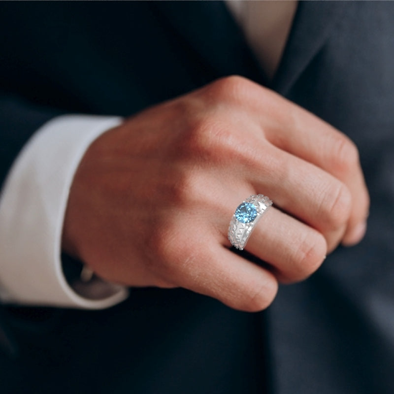 Men's Tire Tread Blue Topaz Diamond Ring In Solid 14k White Gold
