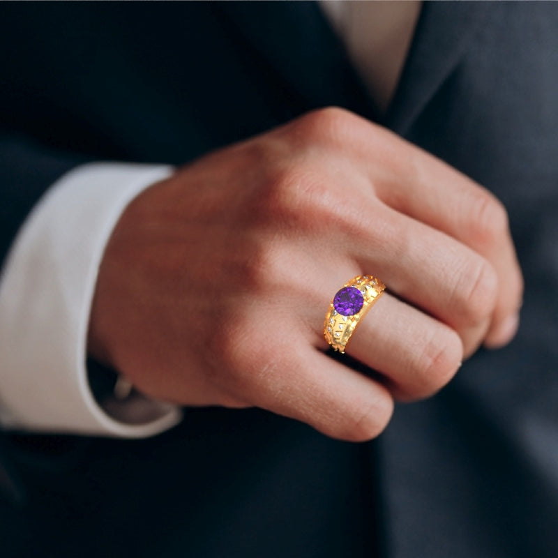 Men's Tire Tread Amethyst Diamond Ring In Solid 14k Yellow Gold