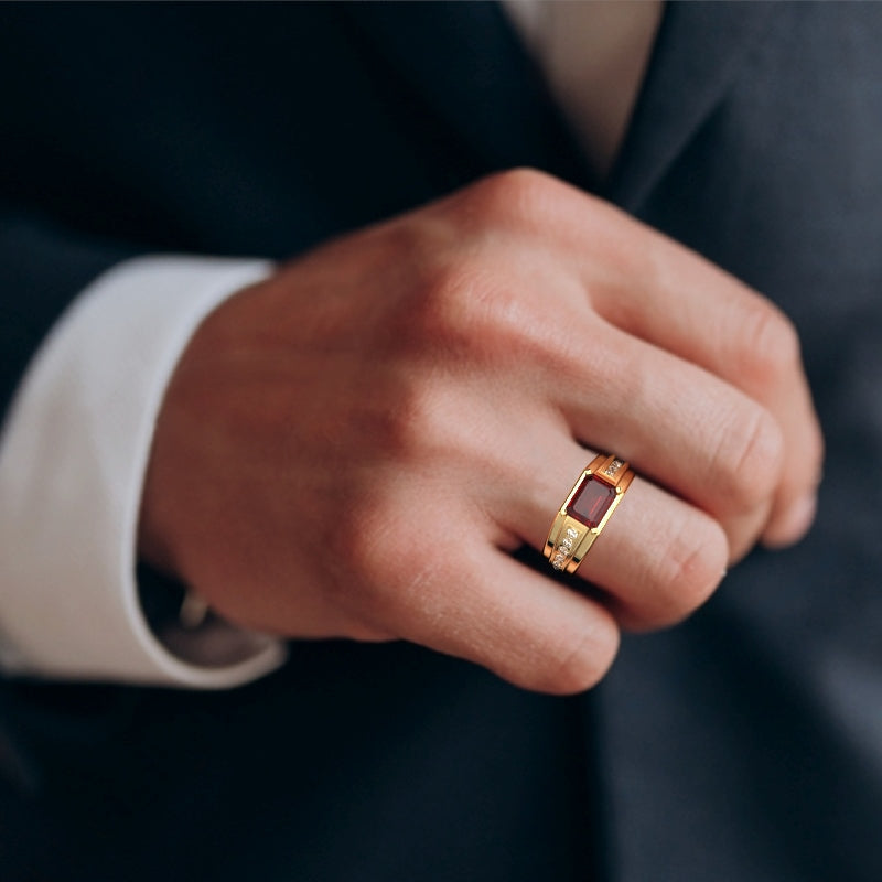 Men's Lab-Created Ruby Diamond Channel Ring In Solid 10k Yellow Gold