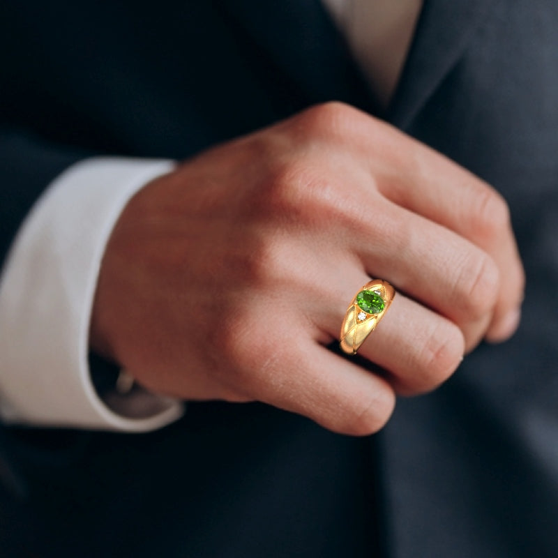 Men's Designer Peridot Diamond Ring In Solid 14k Yellow Gold