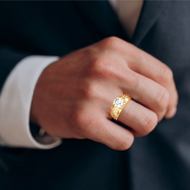 Men's Tire Tread White Topaz Diamond Ring In Solid 14k Yellow Gold