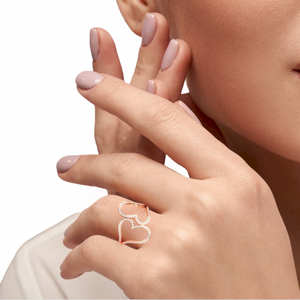 2 Hearts Designer Diamond Cocktail Ring In 14k Rose Gold